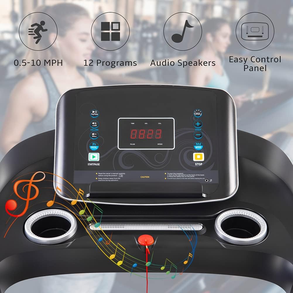 Easy Folding Electric Motorized Treadmill with Audio Speakers, Max. 10 MPH and Incline, for Home Or Office Use