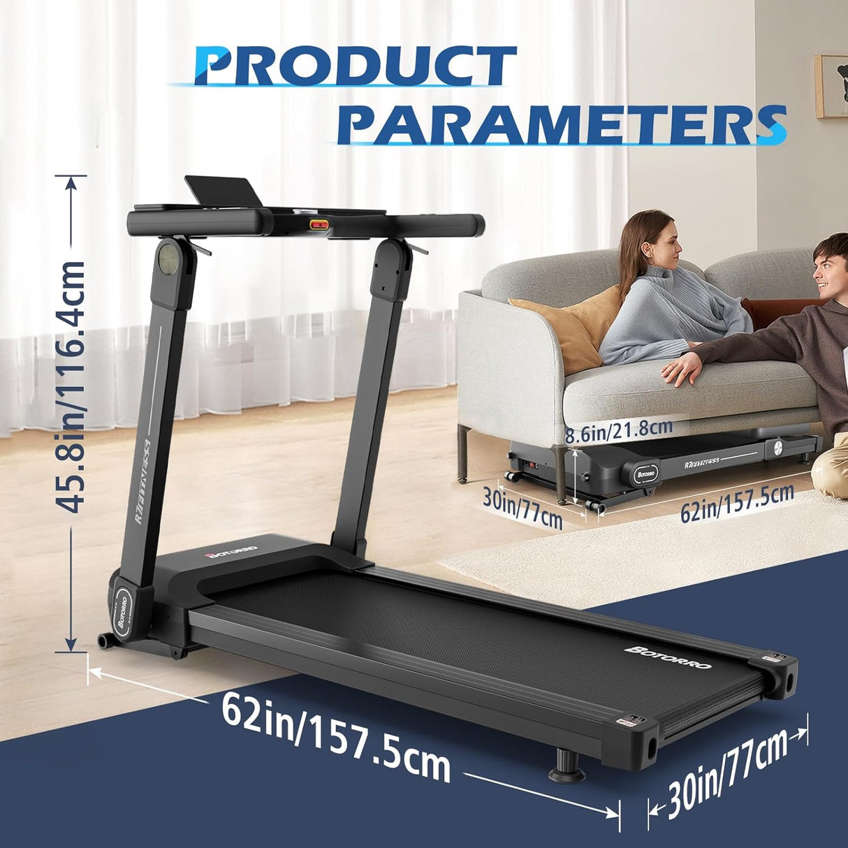 BOTORRO R5 Foldable Treadmill, 265Lbs Load | R7 Treadmill for Home with Incline 18 Levels, 300Lbs Capacity Treadmill, LED Touching Screen with Bluetooth and 18 Programs, 30 Days Free Kinomap