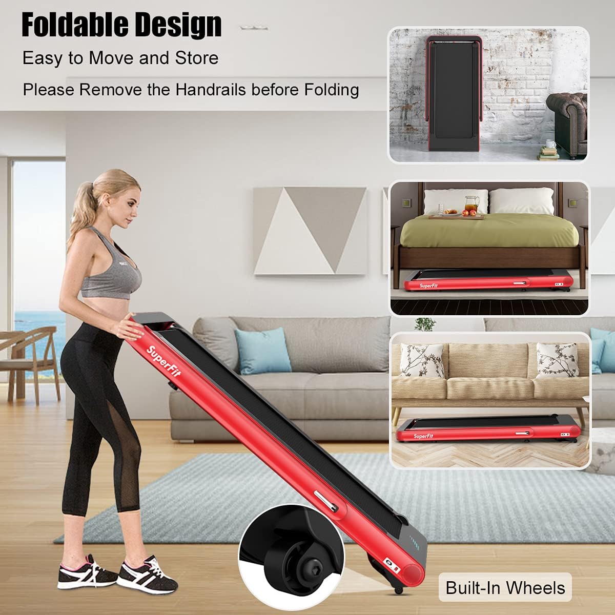 GYMAX Under Desk Folding Treadmill, 4.75HP 2 in 1 Running Walking Machine with Heart Rate Control, APP Control, LED Touch Screen and Remote, Luxury Treadmill for Home/Gym