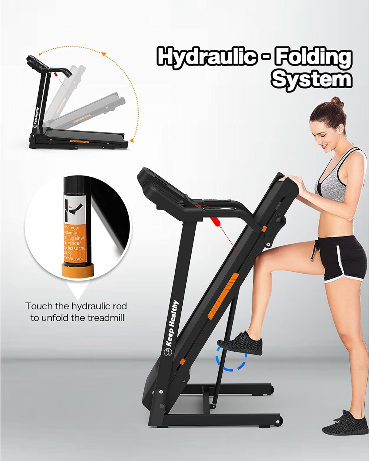 Foldable Electric Treadmill with Handrail Controls Speed Pulse Monitor Black
