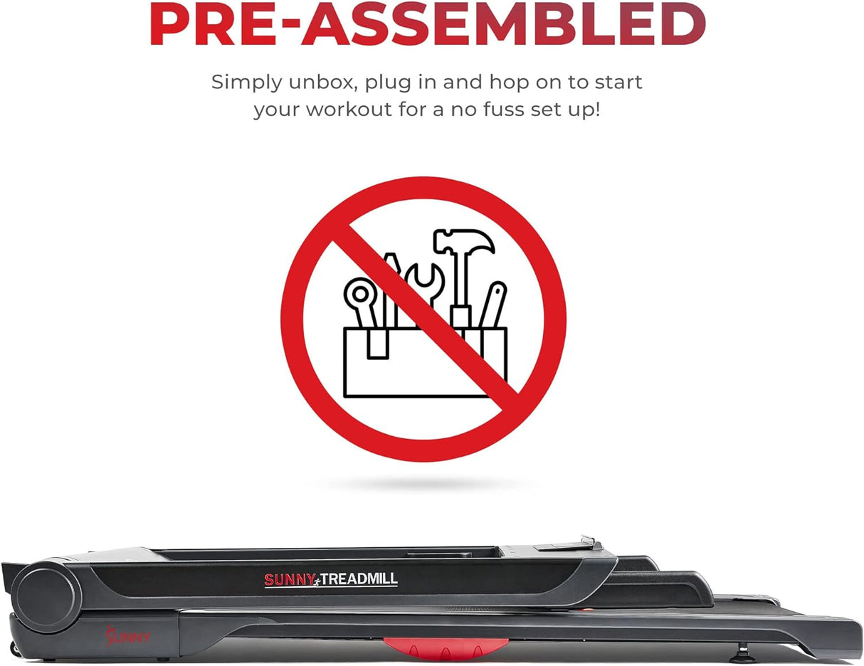 Sunny Health & Fitness Strider Foldable Treadmill, 20-Inch Wide Running Belt, Customizable Workout Programs, Pulse Sensors with Optional Exclusive SunnyFit App and Enhanced Bluetooth Connectivity