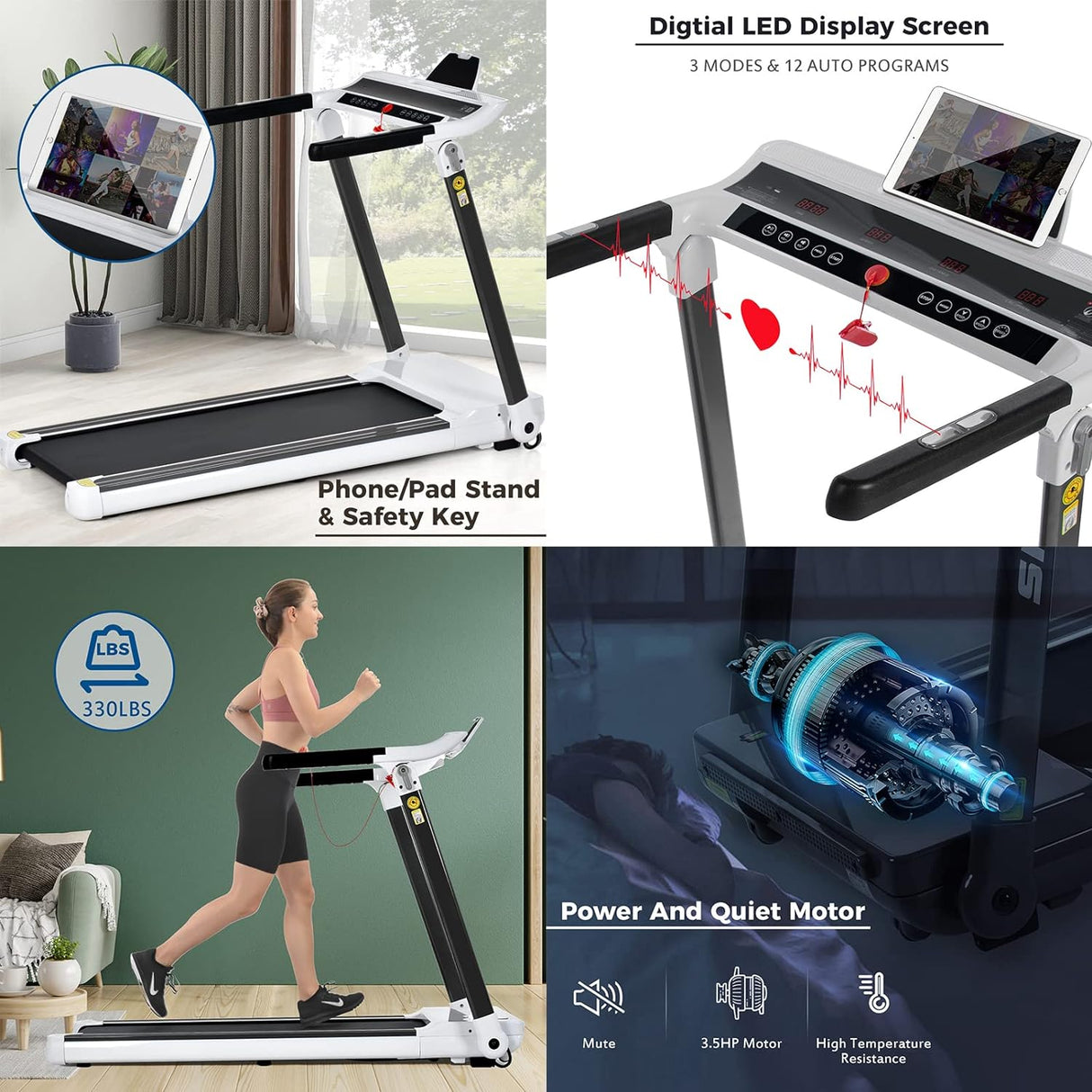 Folding Treadmill for Home Compact Electric Walking Running Machine 3.5HP Medium Runners Exercise Equipment, Built-in 12 Programs, Low Noise, Weight Capacity: 330LBS