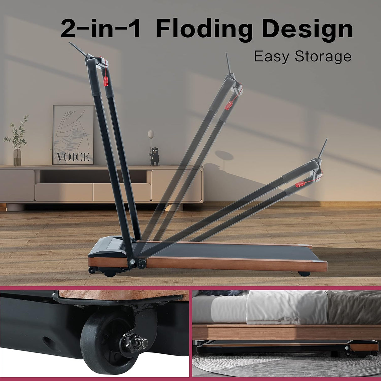Modern HP-P12ABK Electric Treadmill, Folding Treadmill, LCD Display Screen and mat Holder; Home Office Gym Stand, 2.25HP Electric, Wood Electric Treadmill with Remote Control, Walking Machine