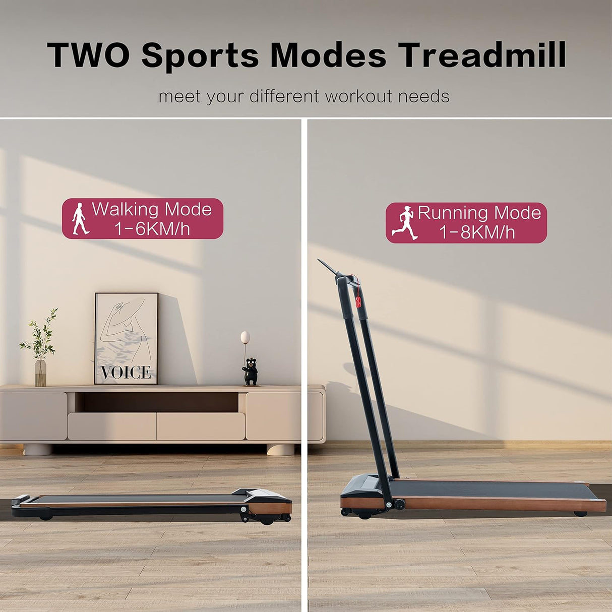 Modern HP-P12ABK Electric Treadmill, Folding Treadmill, LCD Display Screen and mat Holder; Home Office Gym Stand, 2.25HP Electric, Wood Electric Treadmill with Remote Control, Walking Machine
