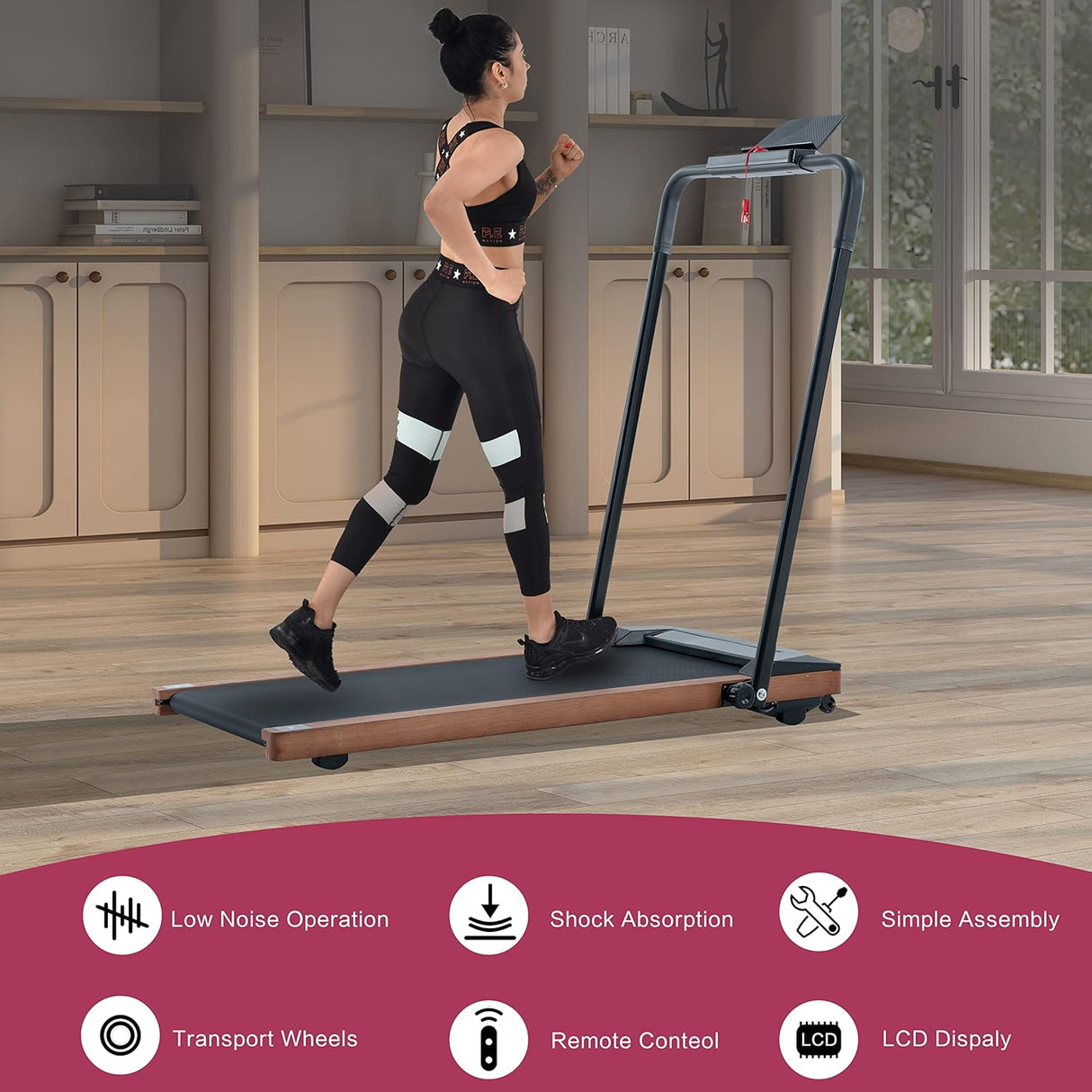 Modern HP-P12ABK Electric Treadmill, Folding Treadmill, LCD Display Screen and mat Holder; Home Office Gym Stand, 2.25HP Electric, Wood Electric Treadmill with Remote Control, Walking Machine