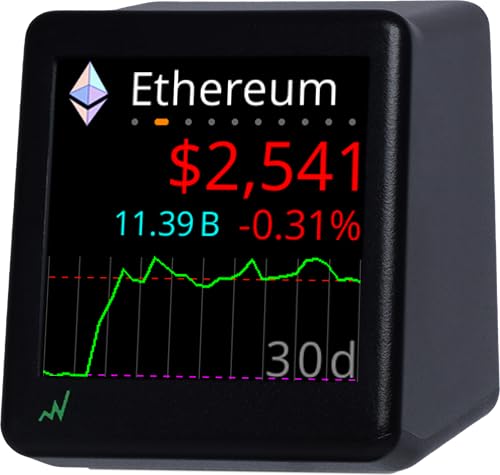 CryptoTicr Bitcoin Ticker - Real-Time Crypto Price Display (1.54" Diagonal) for Top 1,000 Coins Like Bitcoin, Ethereum, Dogecoin, and 997 more. Compact Size, Ideal for Desk or Nightstand. Uses Wi-Fi.