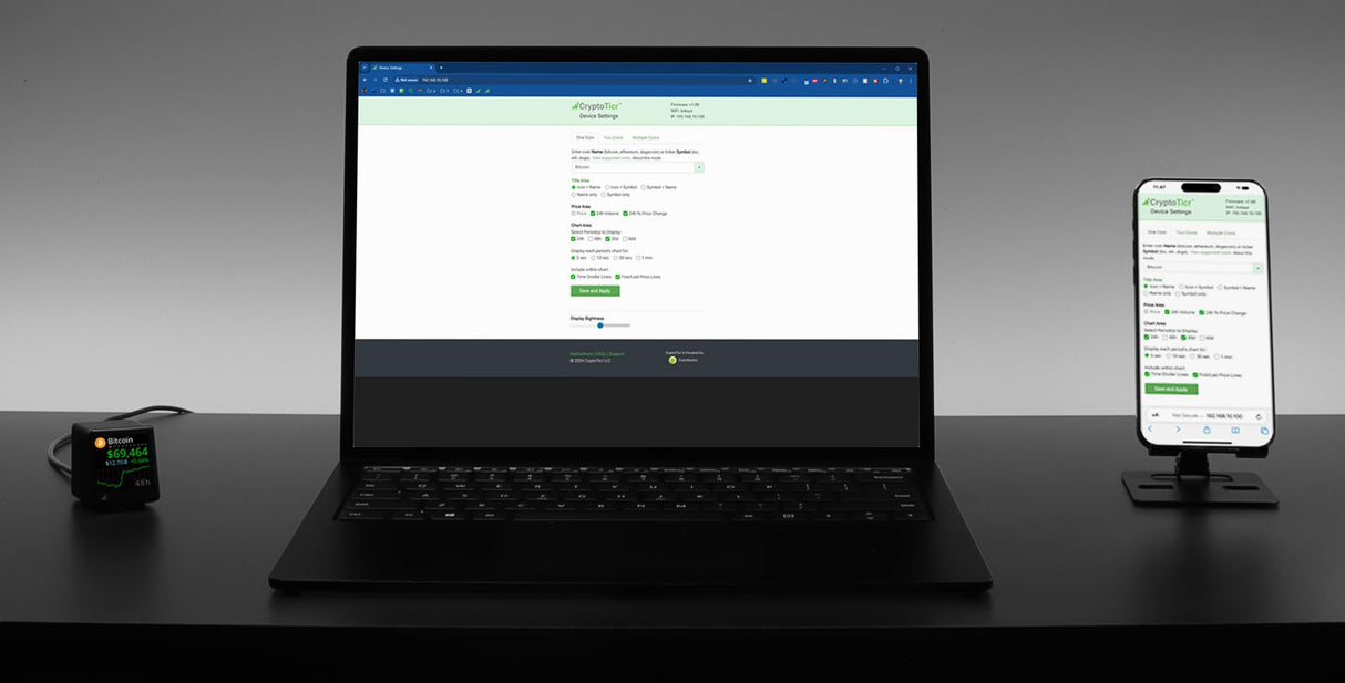 CryptoTicr Bitcoin Ticker - Real-Time Crypto Price Display (1.54" Diagonal) for Top 1,000 Coins Like Bitcoin, Ethereum, Dogecoin, and 997 more. Compact Size, Ideal for Desk or Nightstand. Uses Wi-Fi.